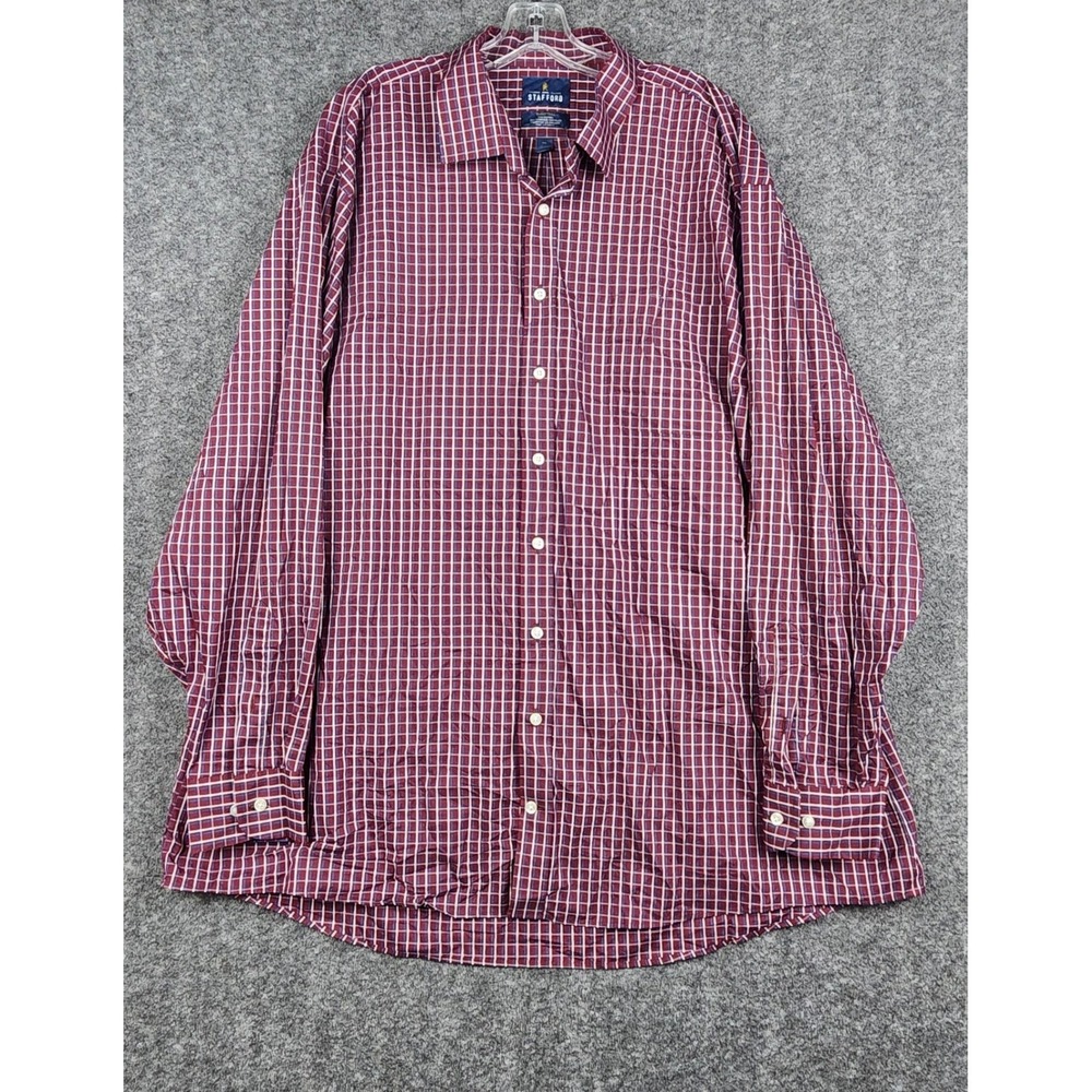 Stafford‎ Button Down Shirt Mens 2XL Burgundy Plaid Smart Tech Long Sleeve Big